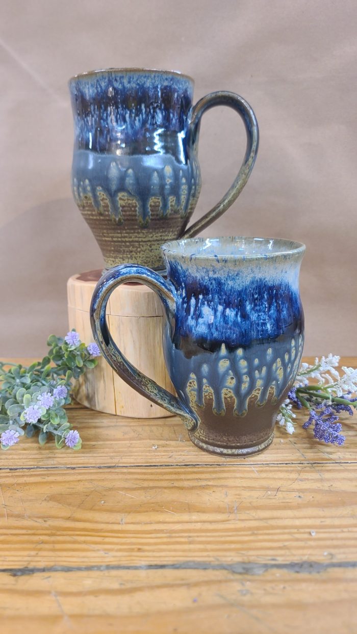 Blue and brown drippy pottery mug