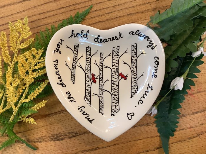 Hand painted birch and cardinal heart blessing plate